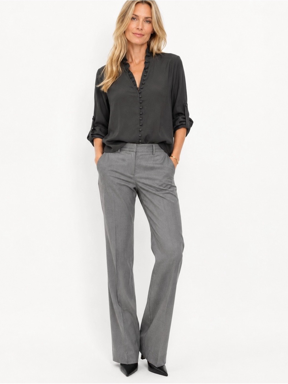 Express Black Button-Front V-Neck Blouse Size XS
